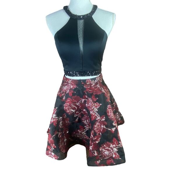 Rachel Allan Womens Black Red Floral Allan Style Dress Size 4 - Picture 1 of 7